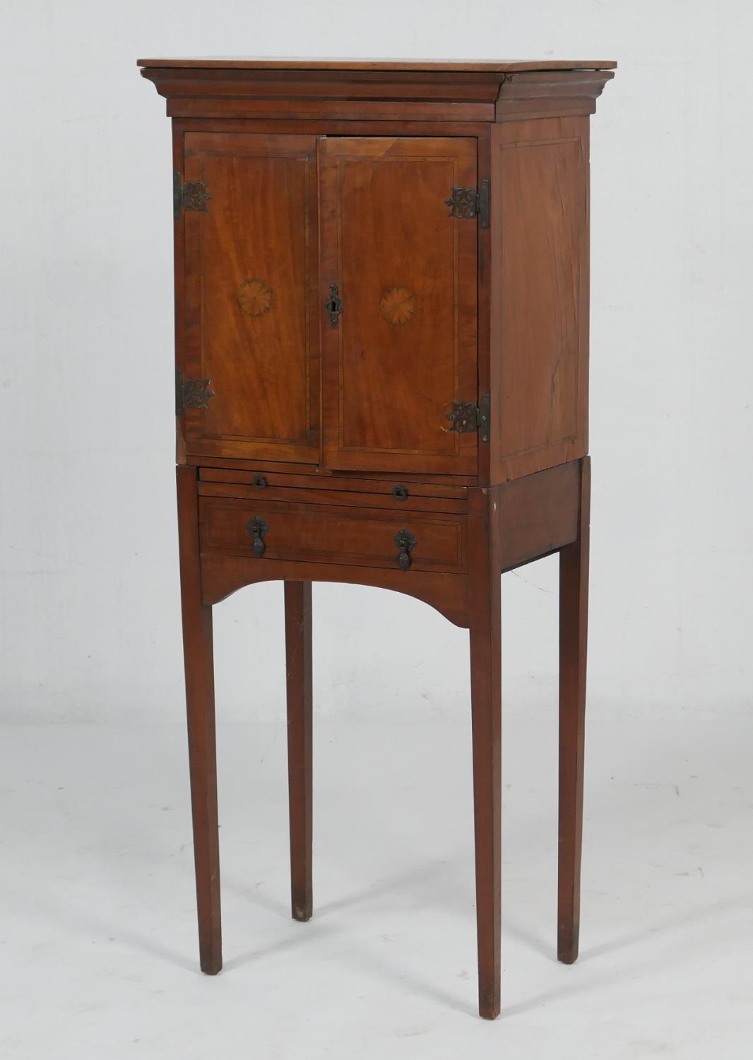 Late Victorian satinwood and inlaid bonheur de jour, having a lift up top over two doors inlaid with