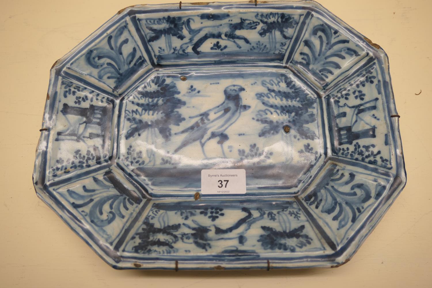 Continental delft blue and white octagonal dish, circa 1650-1700, centred with a hawk and bordered - Image 2 of 9