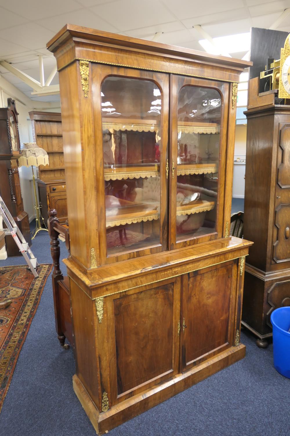 Victorian walnut and inlaid bookcase cabinet, circa 1870, having two glazed upper doors opening to - Image 2 of 13