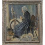 Eastern European School (early 20th Century), Woman at a spinning wheel, indistinctly signed oil