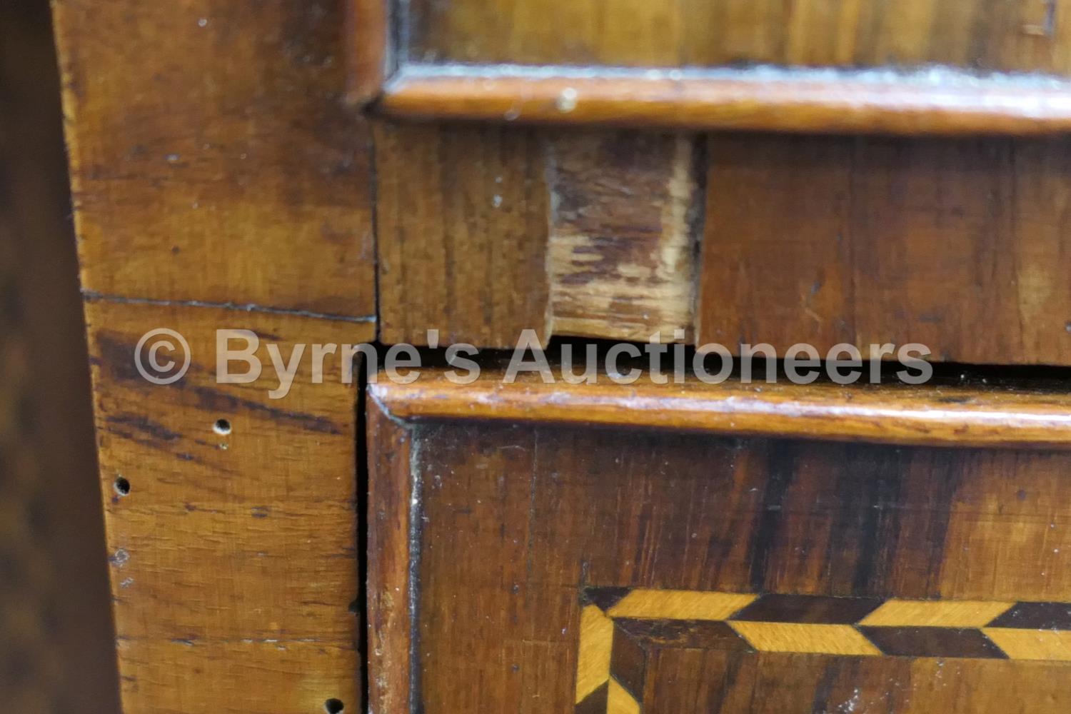 Walnut inlaid kneehole desk, 18th Century, quarter veneered top crossbanded and with ebony and - Image 18 of 23