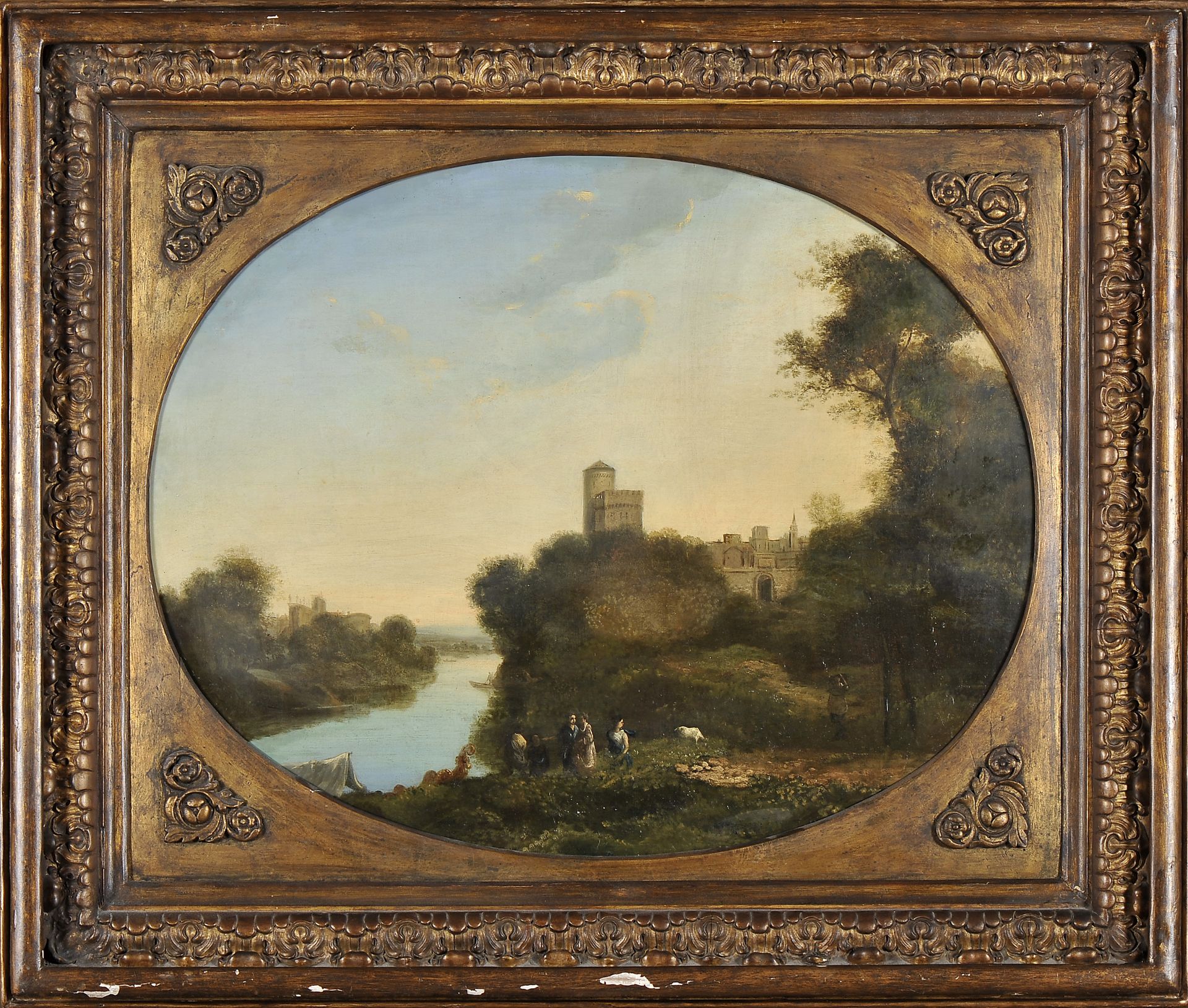 Countryside landscape with figures and castle