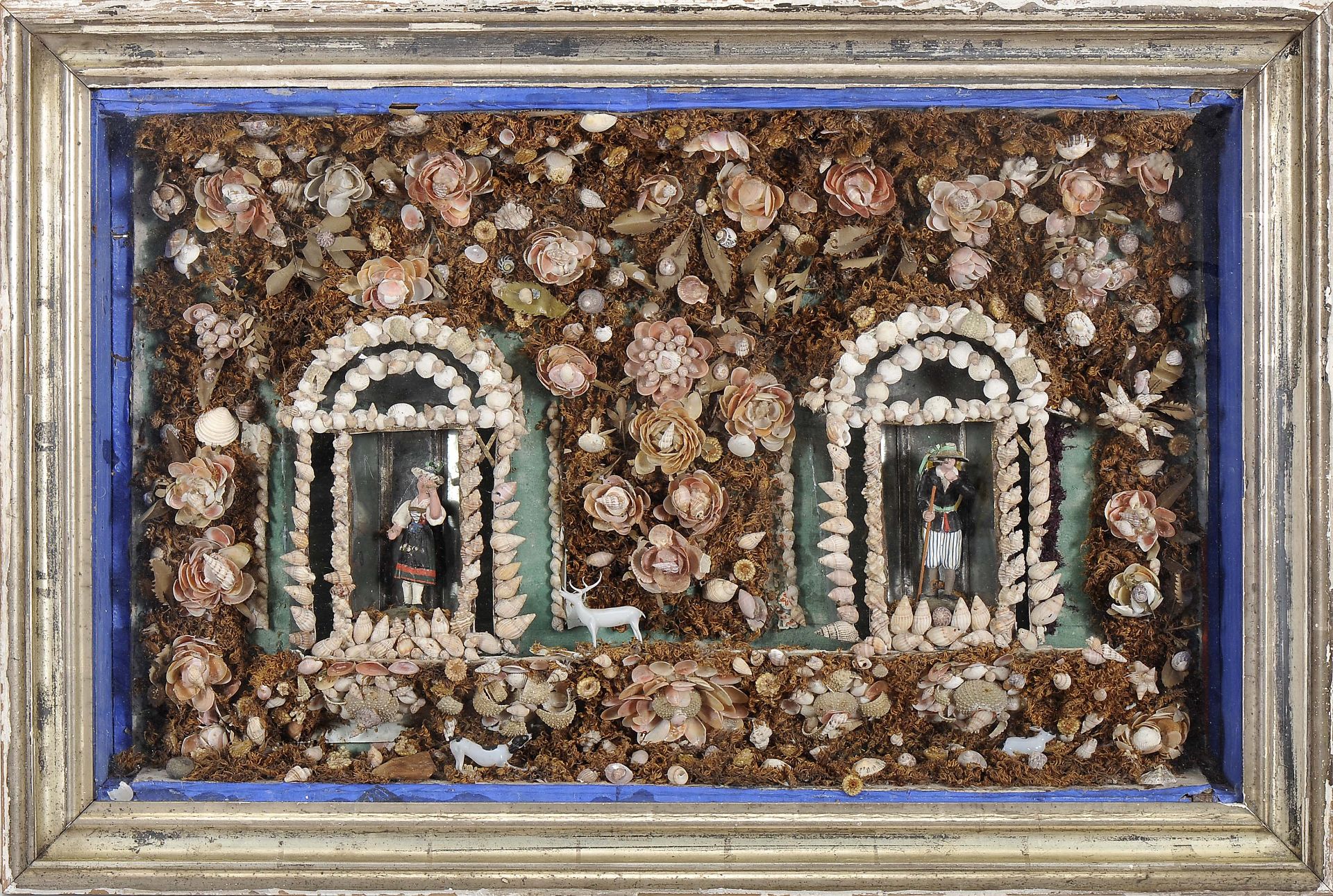 A couple of peasants and several animals among flowers
