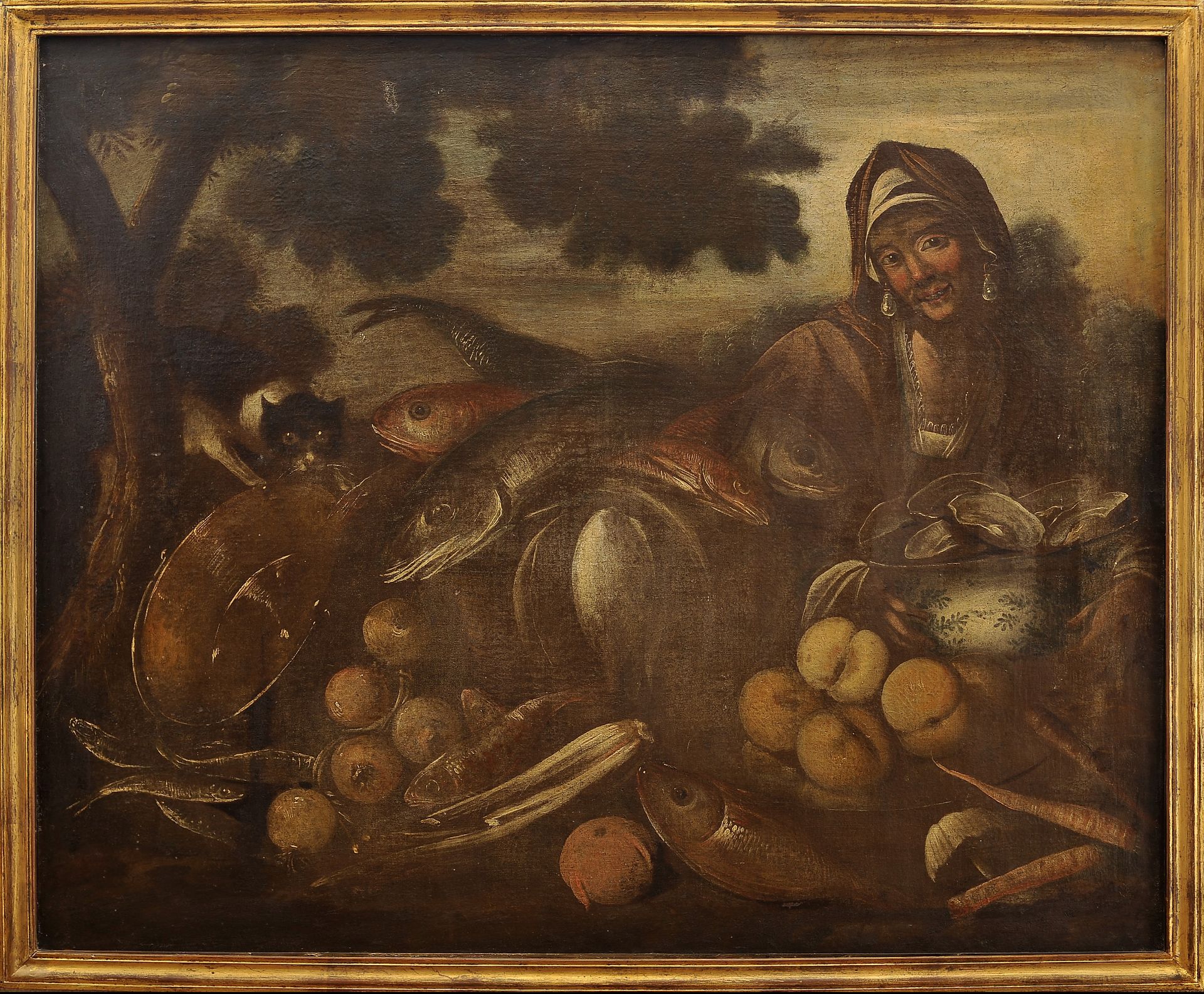 A still-life - Female Figure, Cat, Fish, Oysters and Fruits