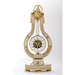 A lyre-shaped pendulum table clock