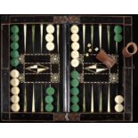 Chess and Backgammon board closing in the form of a box, thirty pieces, two dices and a cup