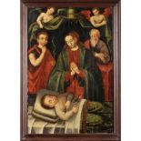 The sleep of the Child Jesus with Our Lady, Saint Joseph, Saint John the Baptist, two angels and bir