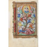 MINIATURE.- TREE OF JESSE.- Hand-illuminated woodcut, belonging to a “Book of Hours”, printed on par