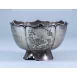 A Chinese Silvery Metal Bowl with Shaped Rim, the sides engraved with birds, flowering plants and