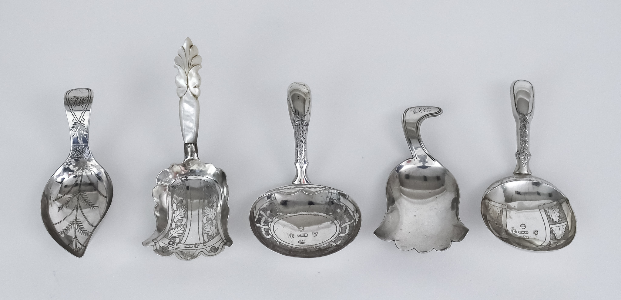 Five George III Silver Caddy Spoons, by Cocks and Bettridge, Birmingham 1806-1816, one with leaf-