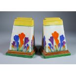 Crocus, a Pair of Clarice Cliff Bizarre Bookends, shape 405, painted in colours between yellow and