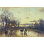 W. Manners (1860-1930) - Watercolour - Sunset with figure and horses on pathway, signed, 8.5ins x