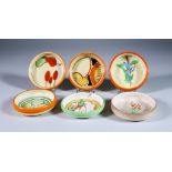 Six Clarice Cliff Mostly Bizarre Circular Coasters, including "Sliced Fruit" 3ins diameter, all with
