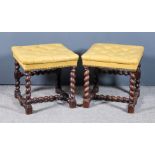 A Pair of 1920s Oak Stools, upholstered in cream leather, on spiral turned legs, 17ins square x