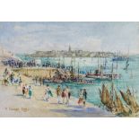 William Edward Riley (1852-1937) - Watercolour - Continental harbour promenade with figures and