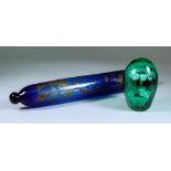 A Bristol Blue Glass Rolling Pin, 19th Century, printed in colours and gilt with Sunderland