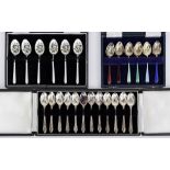 Two Sets of Six Elizabeth II Silver and Enamel Coffee Spoons and Mixed Silver and Plate, one set