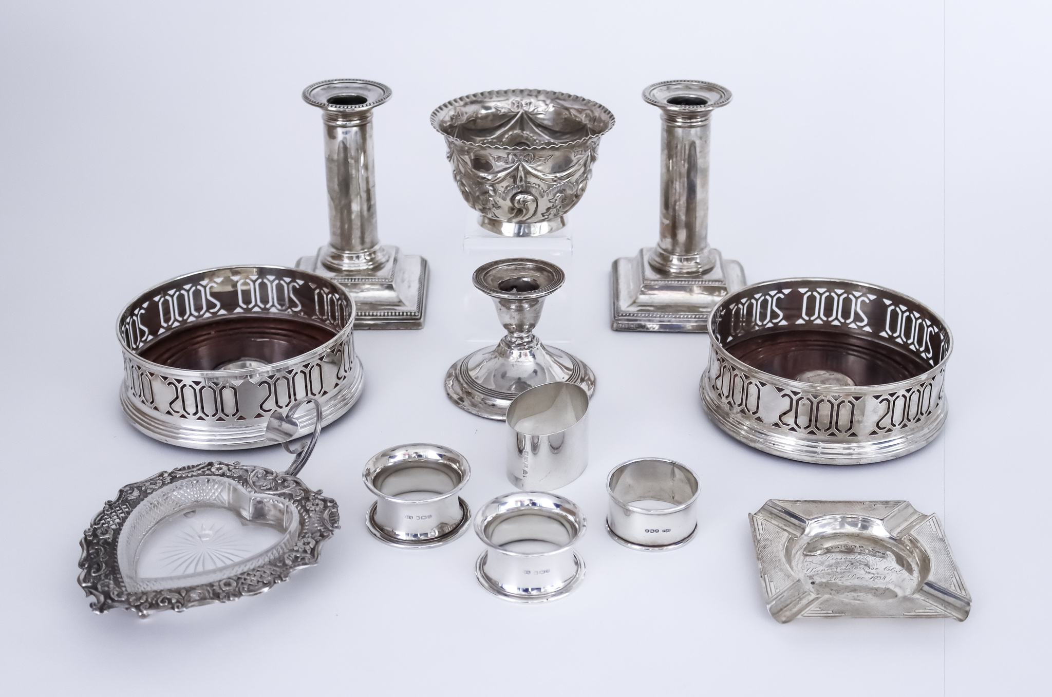 A Pair of Elizabeth II Silver Circular Coasters and Mixed Silver Ware, the coasters by W.I. Broadway