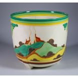 Secrets, a Clarice Cliff Fanstaque Bizarre Dover Jardiniere, painted in colours, 7.75ins high,