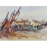 ***Fred Lawson (1888-1968) - Watercolour - Street scene with upturned cart, signed and dated 1931,