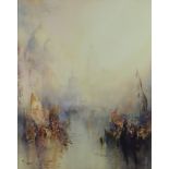 J. W. Marston (?) - Watercolour - Venetian canal scene in the mist, indistinctly signed, 16ins x