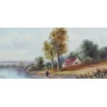 T. Hall - Oil painting - Rural river landscape with figure by water's edge, trees and cottage to