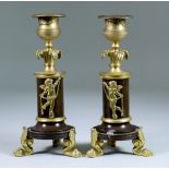 A Pair of Bronze and Gilt Metal Candlesticks, 19th Century, in the Empire manner, on three paw feet,