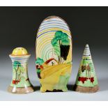 Brookfields, a Clarice Cliff Bonjour Sugar Sifter, Conical Pepper Pot and Muffineer, the sugar