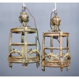 A Pair of Brass Circular Hall Lanterns, cast with floral swags and ram's head, 8ins diameter x 20ins