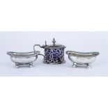 An Early Victorian Silver Cylindrical Mustard Pot and a Pair of George III Silver Rectangular Salts,