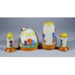 Crocus, a Clarice Cliff Lynton Sugar Sifter, Beehive Honey Pot and Cover and a Salt and Pepper