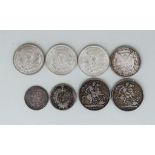 A Quantity of Silver British and Foreign Currency, including - two old head Victoria crowns, one