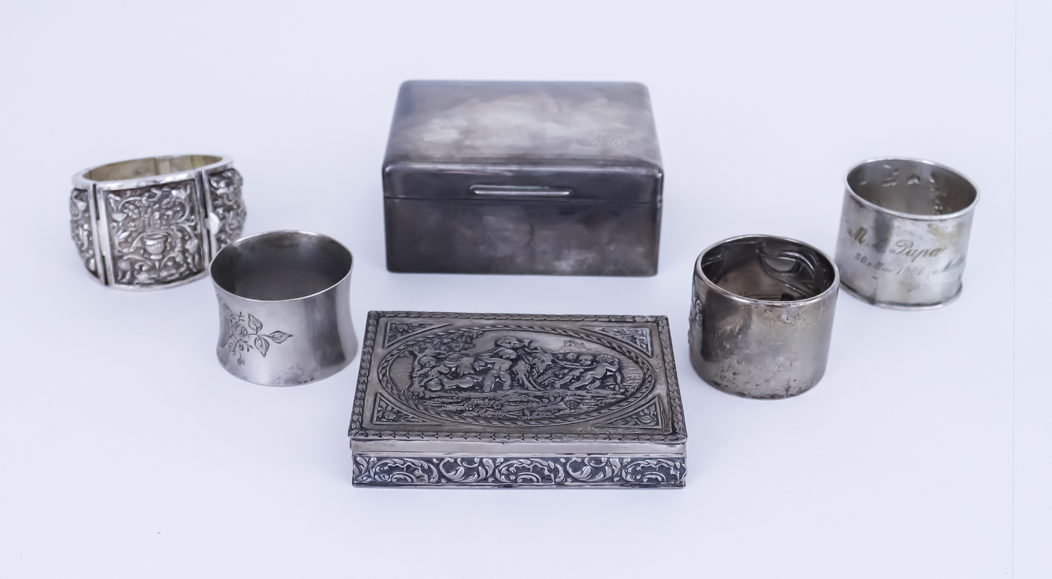 A Continental Silvery Metal Rectangular Box and Mixed Metalware, the box stamped 800 standard,