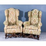 A Pair of Wingback Easy Chairs of '17th Century' Design, with arched back, upholstered in floral