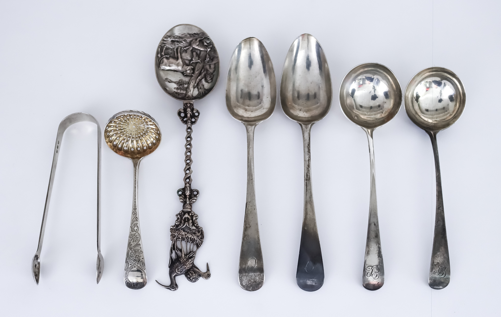 A Pair of George II Silver Old English Pattern Table Spoons and Mixed Silver Ware, the table