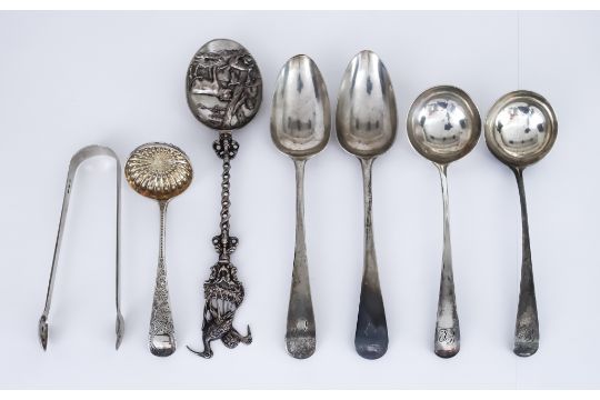 A Pair of George II Silver Old English Pattern Table Spoons and Mixed Silver Ware, the table