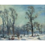 R. T. Edward (?) (20th Century) - Oil painting - Winter landscape with figures on a tree lined path,