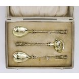 A Victorian Silver Gilt Sugar Sifter Spoon and Pair of Matching Serving Spoons, by Henry Holland,
