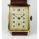 An Early 20th Century Rolex 9ct Gold Manual Wind Wristwatch, Serial No. 39612, 25mm x 30mm case, the