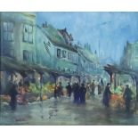 E.H Stone (Early 20th Century English School) - Watercolour - Evening street market with figures,