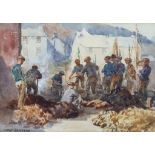 William Kay Blacklock (1872-1924) - Watercolour - Gathered fishermen, 6.5ins x 10ins, framed and