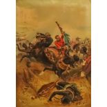 Alphonse Deneuville (1835-1885) - Overpainted print - A military engagement between Zulu warriors
