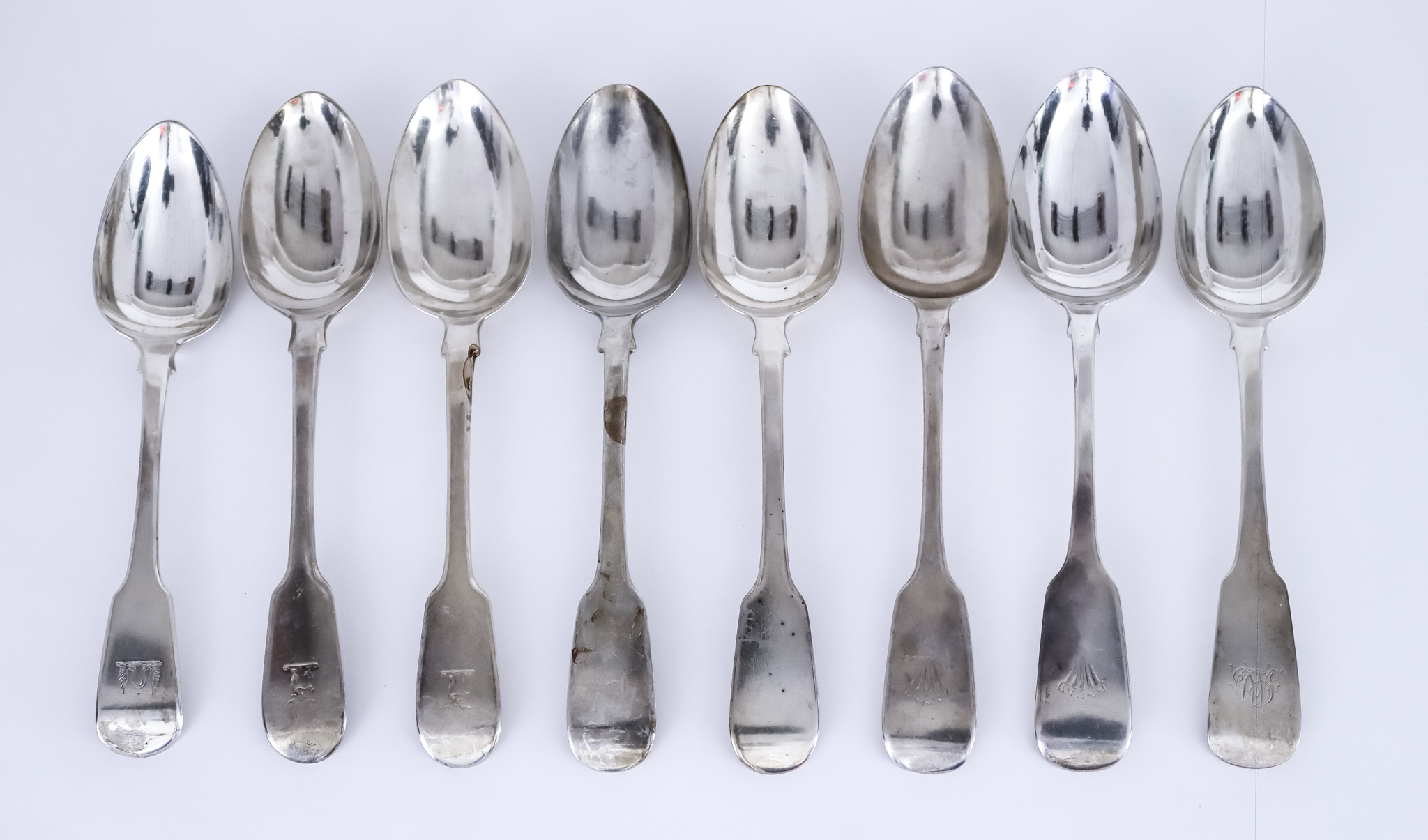 Eight Georgian and Victorian Silver Fiddle Pattern Table Spoons and Mixed Silverware, the eight