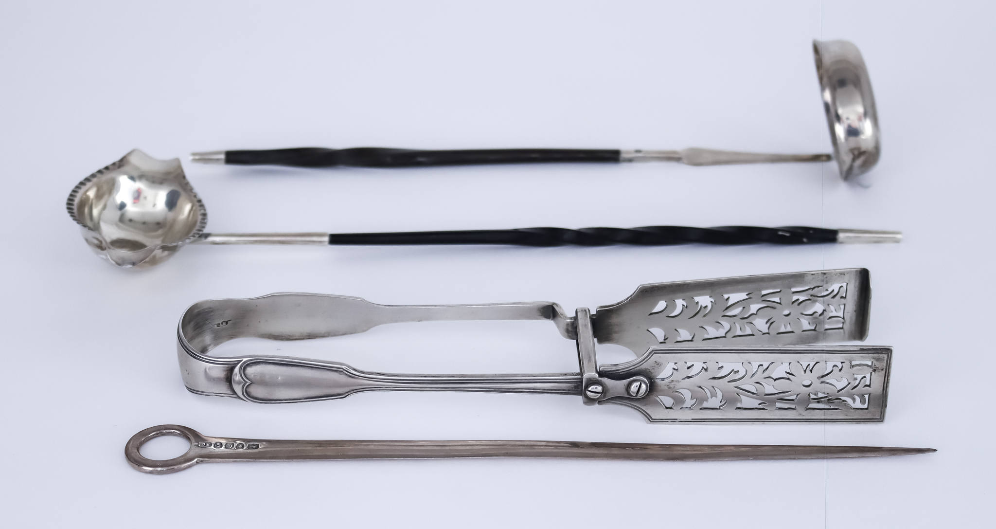 A Pair of Victorian Silver Fiddle and Thread Pattern Asparagus Servers and Mixed Silver and Plated