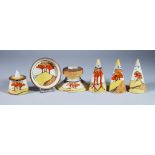 Coral Firs, a Clarice Cliff Bizarre Conical Three Piece Cruet, One Other Conical Cruet, a