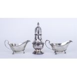 A Pair of Elizabeth II Silver Oval Sauce Boats and a Sugar Caster, the sauce boats by Cooper
