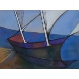 ***Inez Hoyton (1903-1983) - Pastel and gouache - Abstract of a beached fishing boat, signed in