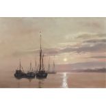 ***Kenneth Denton (born 1932) - Oil Painting - "Evening, River Medway" - Boats on calm water at