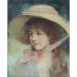 Late 19th Century British School - Pastel - Portrait of a young girl wearing straw bonnet with