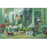 ***Dennis Gilbert (born 1922) - Oil painting - "Flower shop" - Elderly woman and young child leaving